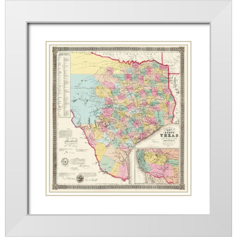 Texas State of J de Cordova - Colton 1856 White Modern Wood Framed Art Print with Double Matting by Colton