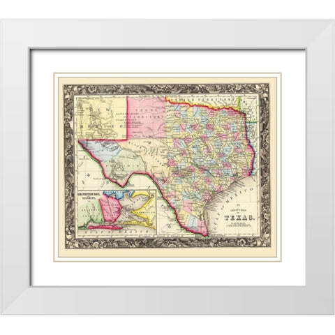 Texas State and County - Mitchell 1860 White Modern Wood Framed Art Print with Double Matting by Mitchell