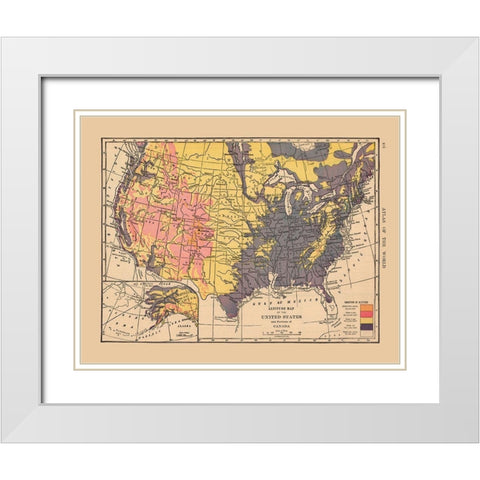 Altitude Map of US, Canada - Hammond 1910 White Modern Wood Framed Art Print with Double Matting by Hammond