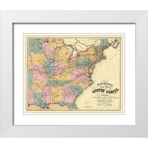 US East Railroad, Telegraph, Stage Coach 1850 White Modern Wood Framed Art Print with Double Matting by Disturnell