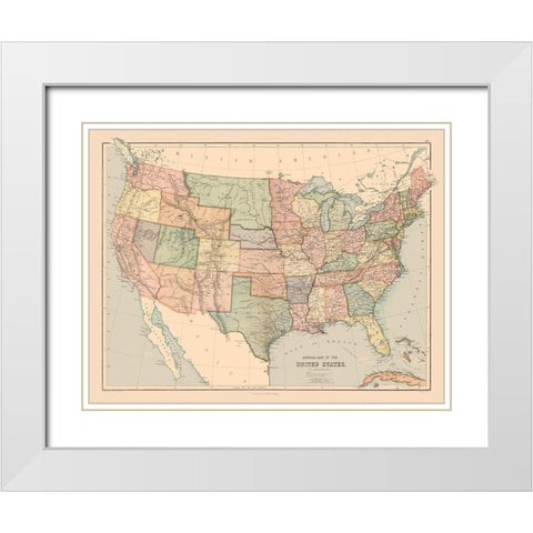 General Map of US - Black 1867 White Modern Wood Framed Art Print with Double Matting by Black