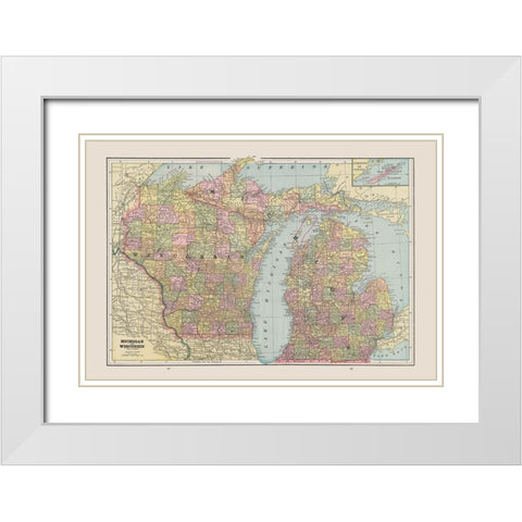 Michigan, Wisconsin - Cram 1892 White Modern Wood Framed Art Print with Double Matting by Cram