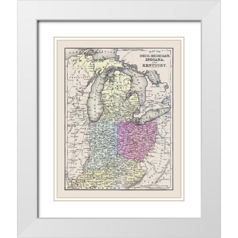 Ohio, Michigan, Indiana, Kentucky - Mitchell 1877 White Modern Wood Framed Art Print with Double Matting by Mitchell