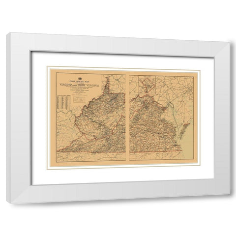 Virginia, West Virginia Postal Routes - USPS 1896 White Modern Wood Framed Art Print with Double Matting by USPS