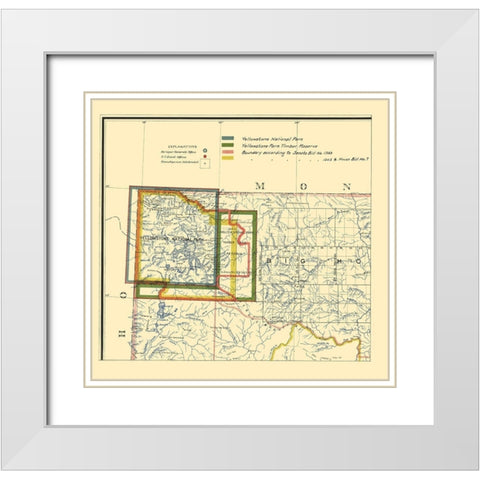 Yellowstone National Park Boundaries - 1895 White Modern Wood Framed Art Print with Double Matting by Unknown