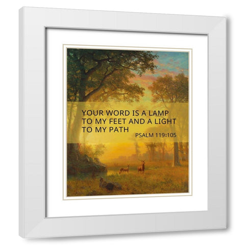 Bible Verse Quote Psalm 119:105, Albert Bierstadt, Light in the Forest White Modern Wood Framed Art Print with Double Matting by ArtsyQuotes