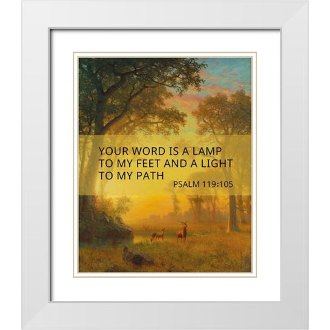 Bible Verse Quote Psalm 119:105, Albert Bierstadt, Light in the Forest White Modern Wood Framed Art Print with Double Matting by ArtsyQuotes