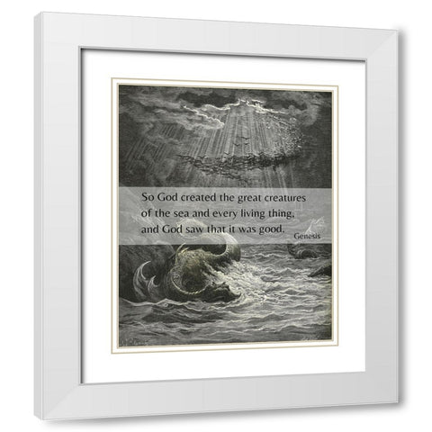 Bible Verse Quote Genesis 1:21, Gustave Dore - Creation of the Fish and Birds White Modern Wood Framed Art Print with Double Matting by ArtsyQuotes