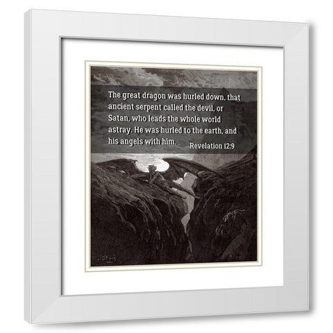 Bible Verse Quote Revelation 12:9, Gustave Dore - Satan Resting on the Mountain White Modern Wood Framed Art Print with Double Matting by ArtsyQuotes