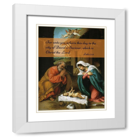 Bible Verse Quote Luke 2:11, Lorenzo Lotto - Nativity of Christ White Modern Wood Framed Art Print with Double Matting by ArtsyQuotes
