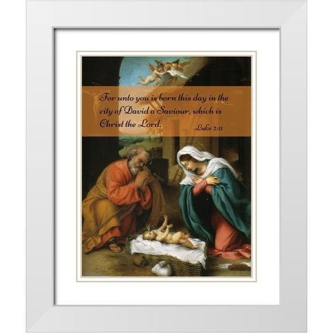 Bible Verse Quote Luke 2:11, Lorenzo Lotto - Nativity of Christ White Modern Wood Framed Art Print with Double Matting by ArtsyQuotes