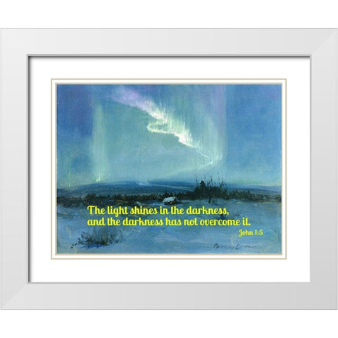 Bible Verse Quote John 1:5, Sydney Laurence - Northern Lights White Modern Wood Framed Art Print with Double Matting by ArtsyQuotes