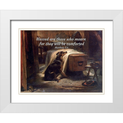 Bible Verse Quote Matthew 5:4, Edwin Henry Landseer - The Old Shepherds Chief Mourner White Modern Wood Framed Art Print with Double Matting by ArtsyQuotes