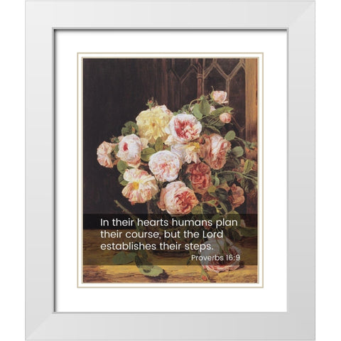 Bible Verse Quote Proverbs 16:9, Ferdinand Georg Waldmuller - Rose Bouquet at the Window White Modern Wood Framed Art Print with Double Matting by ArtsyQuotes