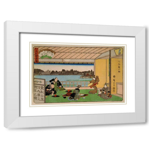 Drinking party at restaurant Kawachiro (Kawachiro / Hiroshige-ga), 1837 White Modern Wood Framed Art Print with Double Matting by Hiroshige, Ando