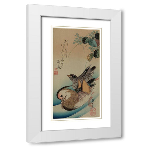 Mandarin ducks, 1840 White Modern Wood Framed Art Print with Double Matting by Hiroshige, Ando