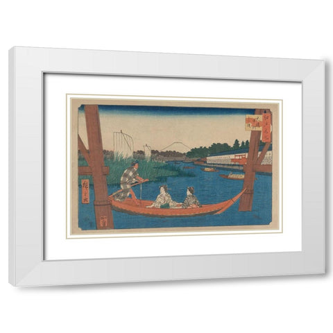Island bridge in Mitsumata (Ohashi nakazu mitsumata), 1854 White Modern Wood Framed Art Print with Double Matting by Hiroshige, Ando