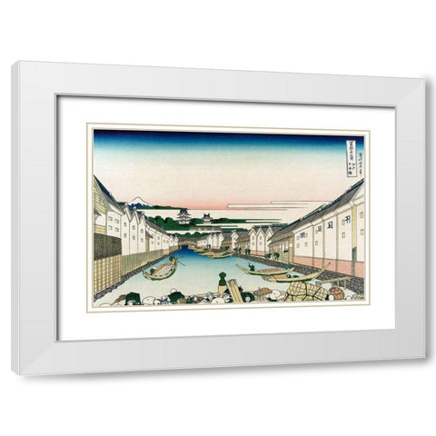 Nihonbashi Bridge in Edo, 1830 White Modern Wood Framed Art Print with Double Matting by Hokusai