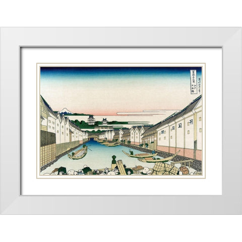 Nihonbashi Bridge in Edo, 1830 White Modern Wood Framed Art Print with Double Matting by Hokusai