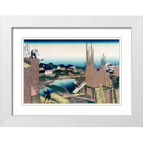 Honjo Tatekawa, the Timber yard at Honjo, 1830 White Modern Wood Framed Art Print with Double Matting by Hokusai