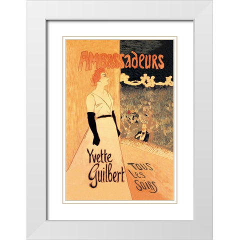 Ambassadeurs: Yvette Guilbert, Tous les Soirs, 1894 White Modern Wood Framed Art Print with Double Matting by Steinlen, Theophile Alexandre