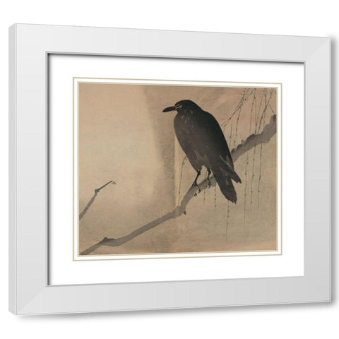 Crow on a willow branch, 1875 White Modern Wood Framed Art Print with Double Matting by Unknown