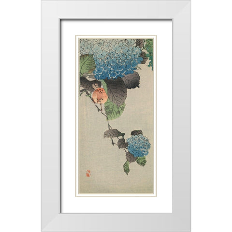 Small bird and hydrangea White Modern Wood Framed Art Print with Double Matting by Unknown