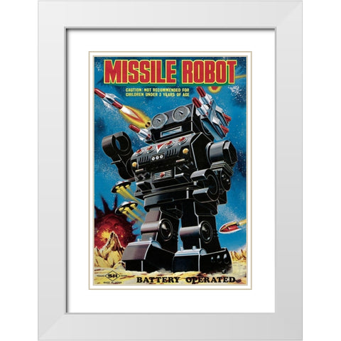 Missile Robot White Modern Wood Framed Art Print with Double Matting by Retrobot