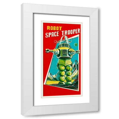 Robot Space Trooper White Modern Wood Framed Art Print with Double Matting by Retrobot