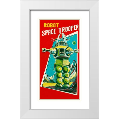 Robot Space Trooper White Modern Wood Framed Art Print with Double Matting by Retrobot