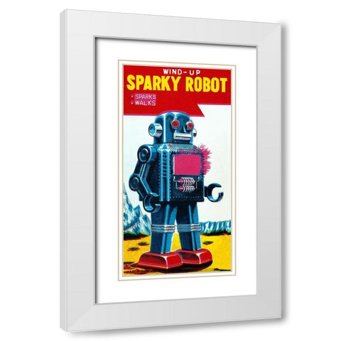 Sparky Robot White Modern Wood Framed Art Print with Double Matting by Retrobot