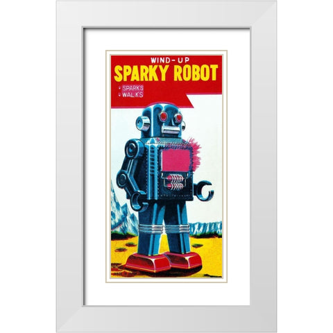 Sparky Robot White Modern Wood Framed Art Print with Double Matting by Retrobot