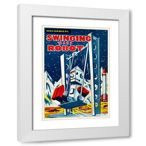 Swinging Baby Robot White Modern Wood Framed Art Print with Double Matting by Retrobot
