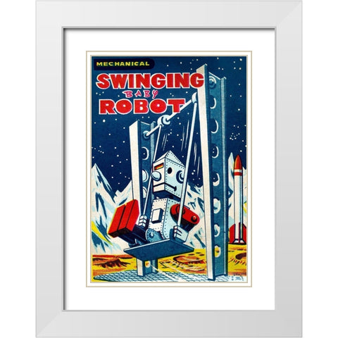 Swinging Baby Robot White Modern Wood Framed Art Print with Double Matting by Retrobot