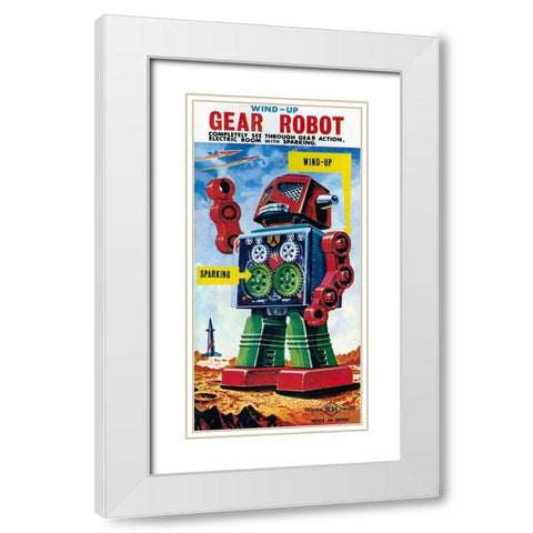 Wind-up Gear Robot White Modern Wood Framed Art Print with Double Matting by Retrobot
