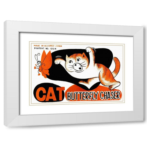 Cat Butterfly Chaser White Modern Wood Framed Art Print with Double Matting by Unknown