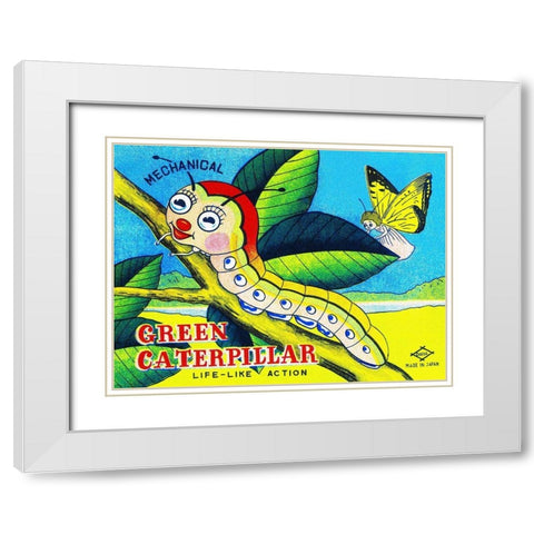 Mechanical Green Caterpillar White Modern Wood Framed Art Print with Double Matting by Retrobot