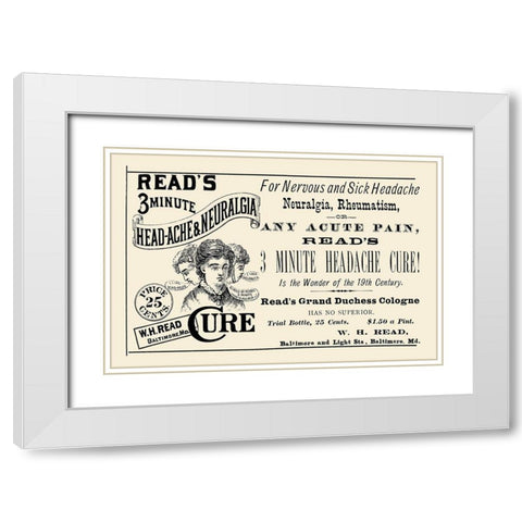 Reads 3 minute Head-Ache and Neuralgia Cure White Modern Wood Framed Art Print with Double Matting by Advertisement