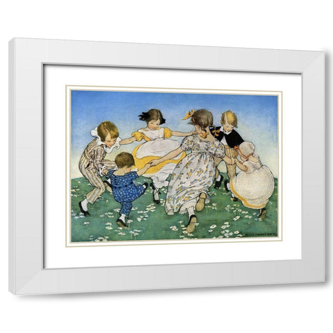 Girls in Circle - Ring Around the Rosie White Modern Wood Framed Art Print with Double Matting by Smith, Jesse Willcox