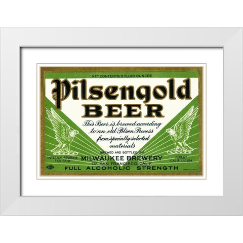 Pilsengold Beer White Modern Wood Framed Art Print with Double Matting by Vintage Booze Labels