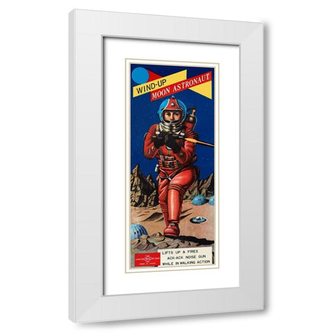 Wind-Up Moon Astronaut White Modern Wood Framed Art Print with Double Matting by Retrobot