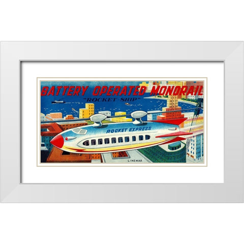 Battery Operated Monorail - Rocket Ship White Modern Wood Framed Art Print with Double Matting by Retrorocket