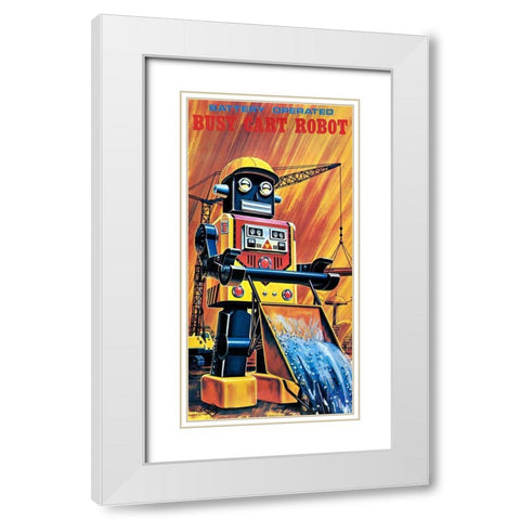 Busy Cart Robot White Modern Wood Framed Art Print with Double Matting by Retrobot