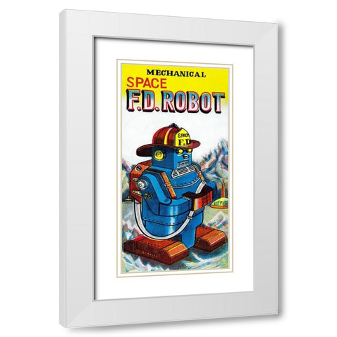 Mechanical Space Fire Department Robot White Modern Wood Framed Art Print with Double Matting by Retrobot
