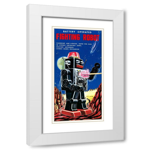 Fighting Robot White Modern Wood Framed Art Print with Double Matting by Retrobot