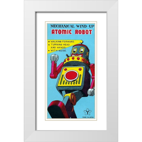 Mechanical Wind-Up Atomic Robot White Modern Wood Framed Art Print with Double Matting by Retrobot