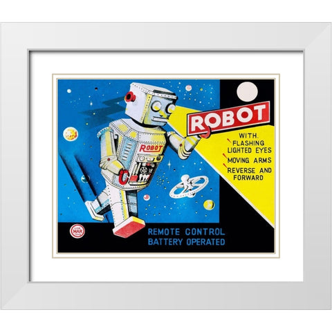 Robot with Flashing Lighted Eyes White Modern Wood Framed Art Print with Double Matting by Retrobot