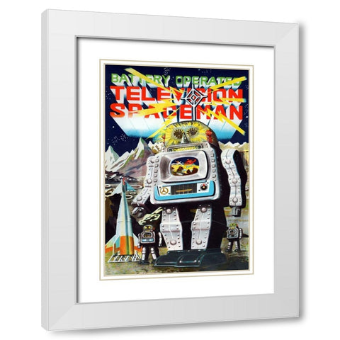Battery Operated Television Spaceman White Modern Wood Framed Art Print with Double Matting by Retrobot