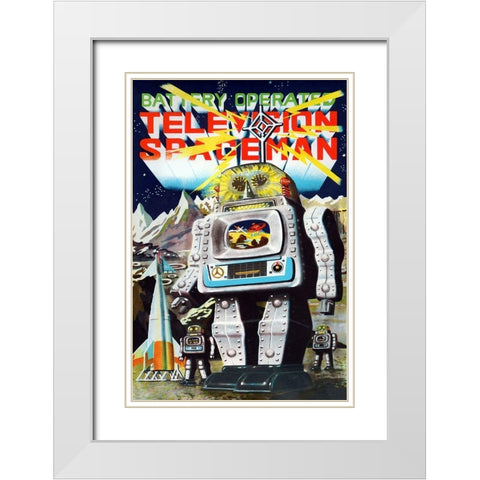 Battery Operated Television Spaceman White Modern Wood Framed Art Print with Double Matting by Retrobot
