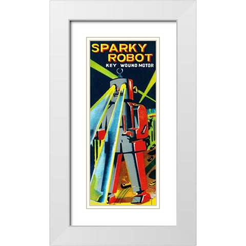 Sparky Robot White Modern Wood Framed Art Print with Double Matting by Retrobot